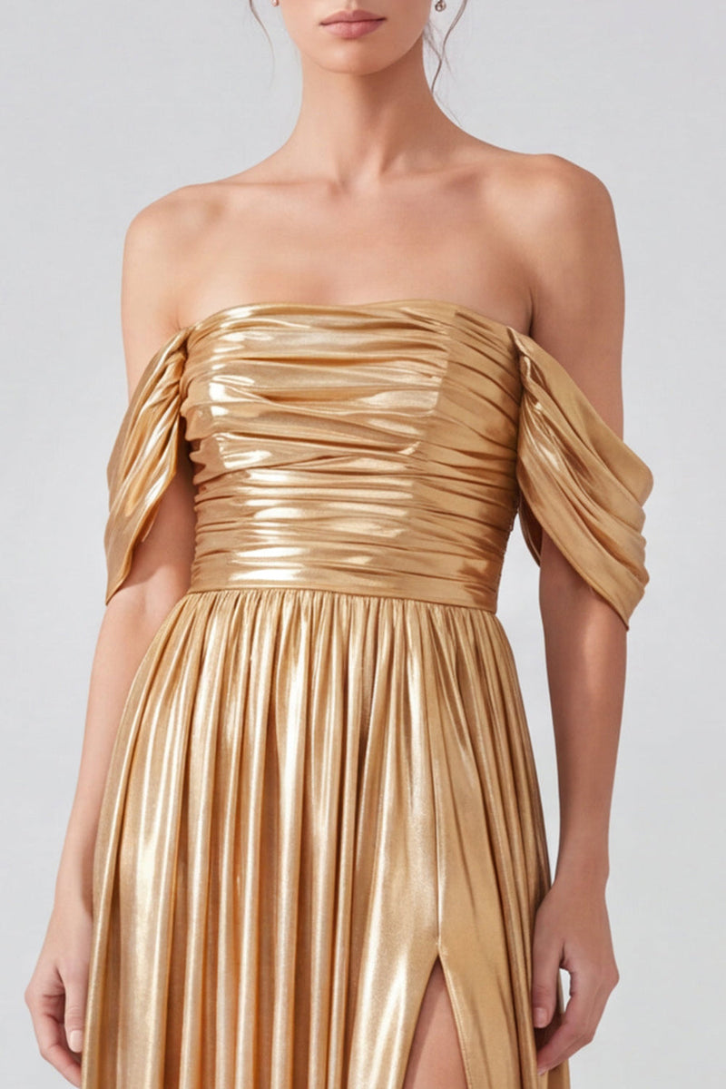Load image into Gallery viewer, Gold Pleated Off The Shoulder A Line Long Formal Dress with Slit