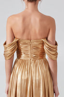 Load image into Gallery viewer, Gold Pleated Off The Shoulder A Line Long Formal Dress with Slit