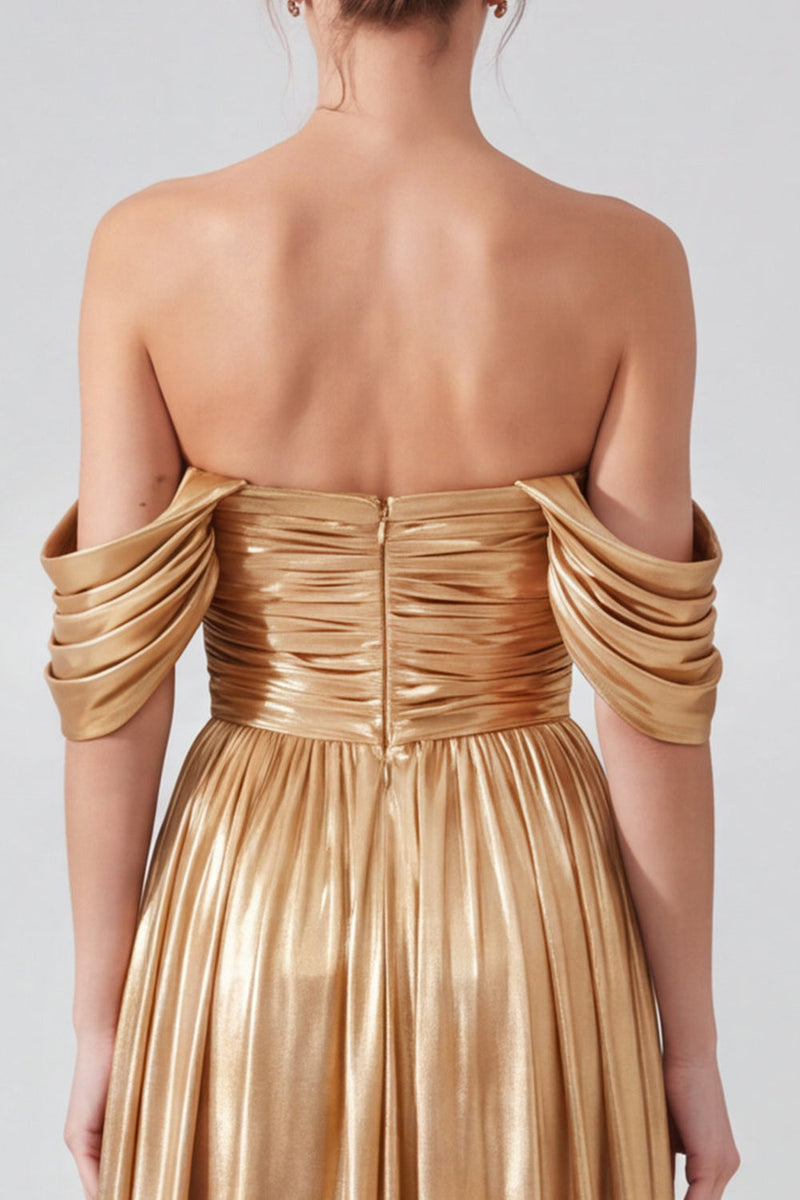 Load image into Gallery viewer, Gold Pleated Off The Shoulder A Line Long Formal Dress with Slit