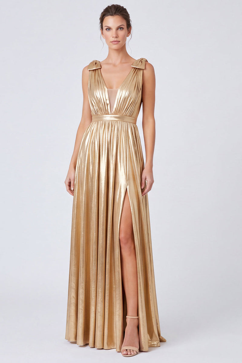 Load image into Gallery viewer, Gold Metallic Pleated A Line Long Formal Dress with Bows