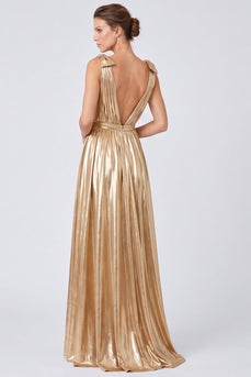 Gold Metallic Pleated A Line Long Formal Dress with Bows