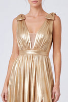 Load image into Gallery viewer, Gold Metallic Pleated A Line Long Formal Dress with Bows