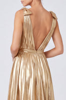 Load image into Gallery viewer, Gold Metallic Pleated A Line Long Formal Dress with Bows