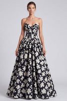 Load image into Gallery viewer, Black White Flower Corset Strapless A Line Long Formal Dress