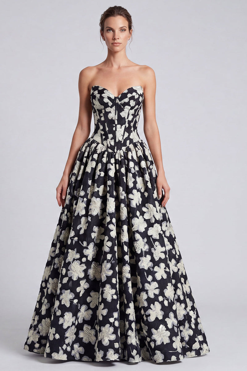 Load image into Gallery viewer, Black White Flower Corset Strapless A Line Long Formal Dress