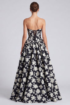 Black White Flower Corset Strapless A Line Long Formal Dress