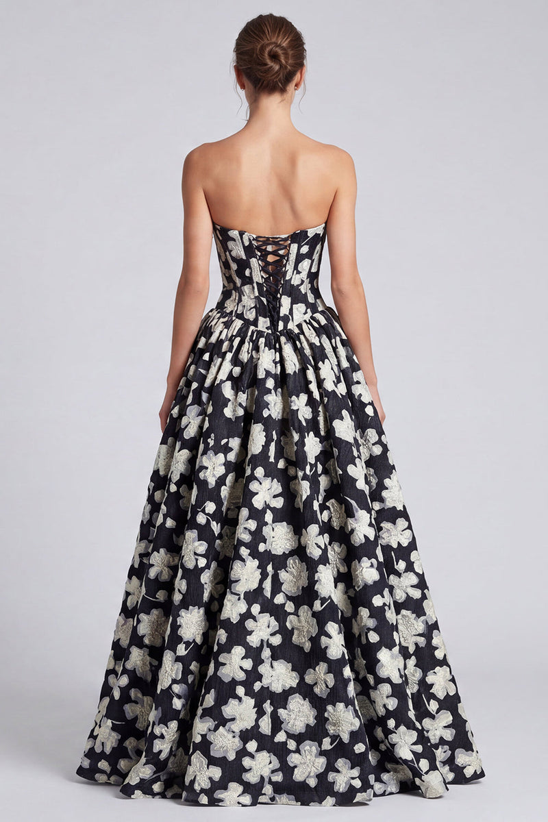 Load image into Gallery viewer, Black White Flower Corset Strapless A Line Long Formal Dress