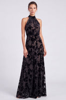 Load image into Gallery viewer, Black Halter Floral A Line Long Formal Dress with Bow