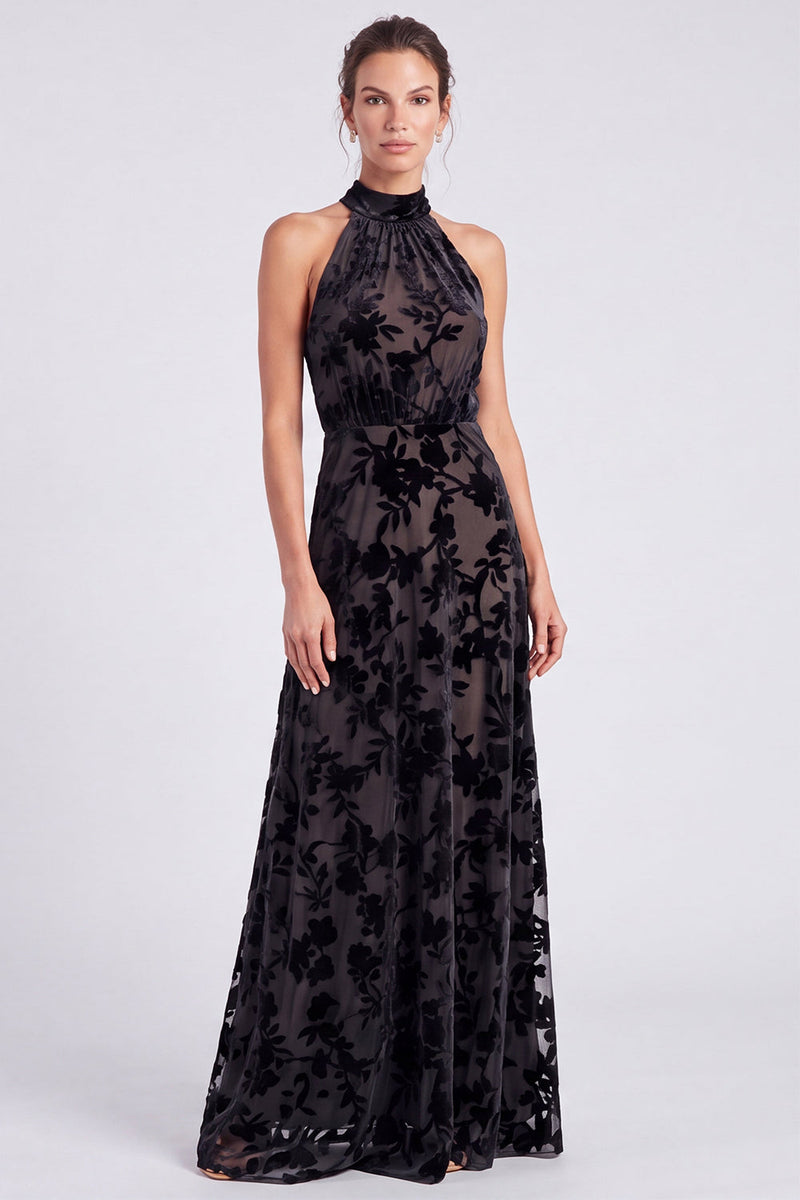Load image into Gallery viewer, Black Halter Floral A Line Long Formal Dress with Bow