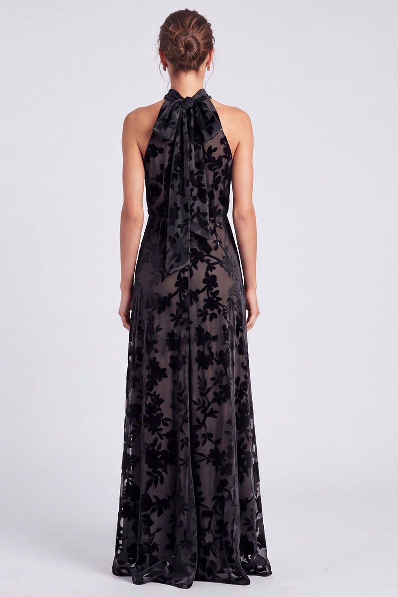 Load image into Gallery viewer, Black Halter Floral A Line Long Formal Dress with Bow