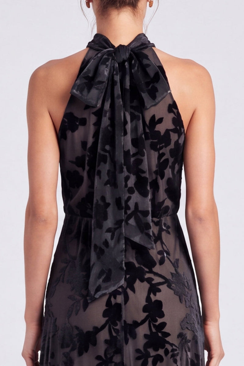 Load image into Gallery viewer, Black Halter Floral A Line Long Formal Dress with Bow