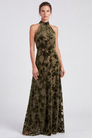 Load image into Gallery viewer, Black Halter Floral A Line Long Formal Dress with Bow