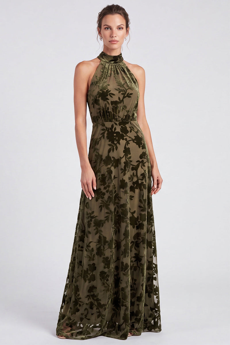 Load image into Gallery viewer, Black Halter Floral A Line Long Formal Dress with Bow