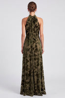 Load image into Gallery viewer, Black Halter Floral A Line Long Formal Dress with Bow