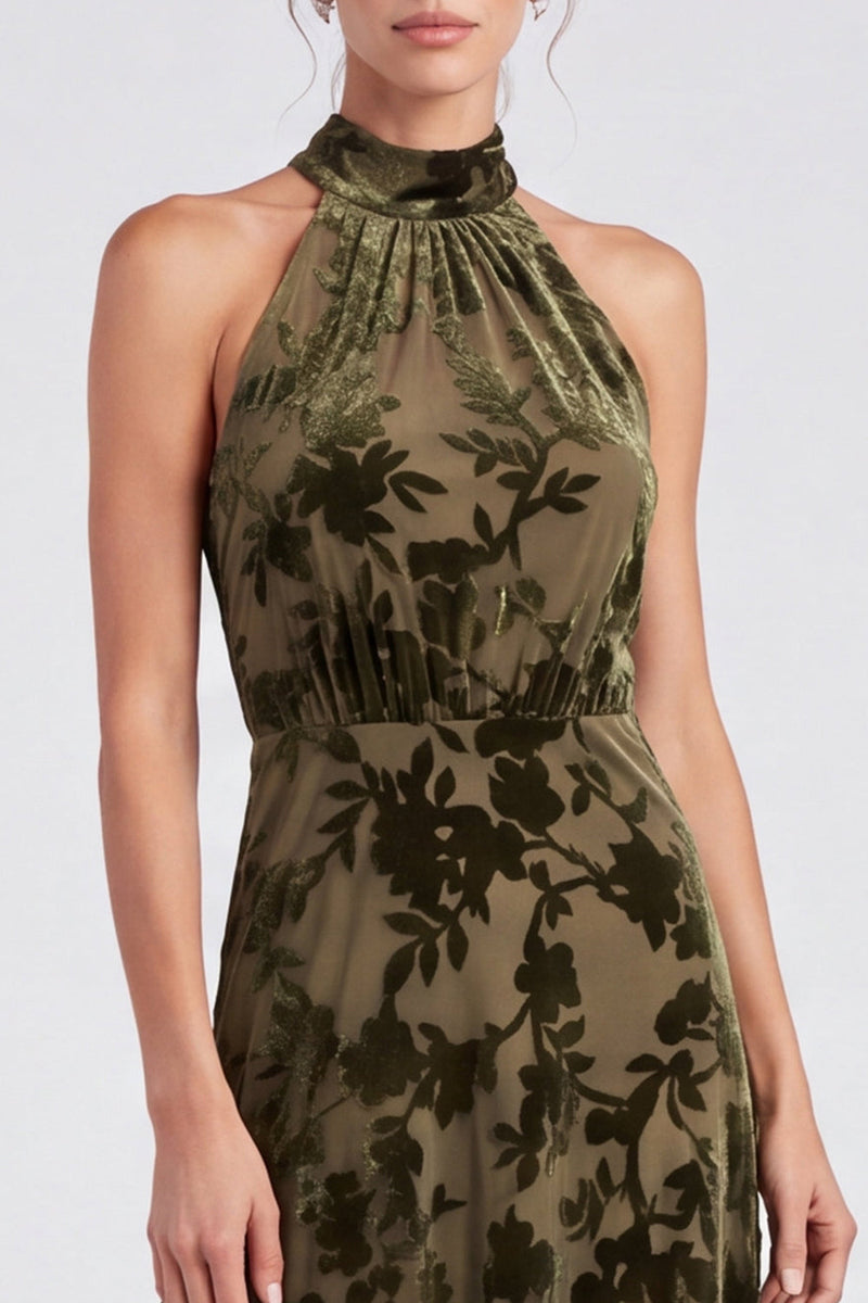 Load image into Gallery viewer, Black Halter Floral A Line Long Formal Dress with Bow