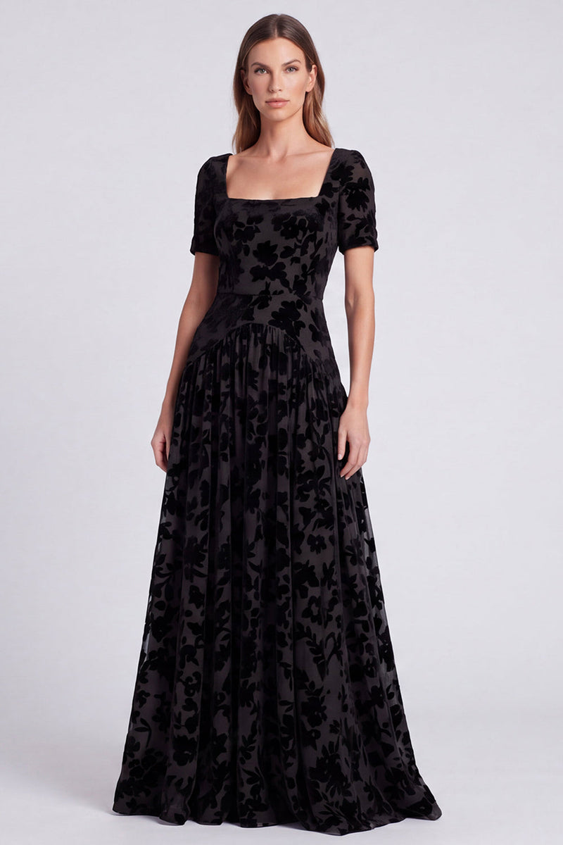 Load image into Gallery viewer, Peacock Blue Velvet Floral Square Neck A Line Long Formal Dress