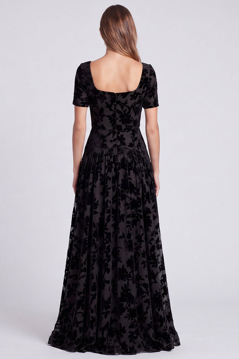 Load image into Gallery viewer, Peacock Blue Velvet Floral Square Neck A Line Long Formal Dress