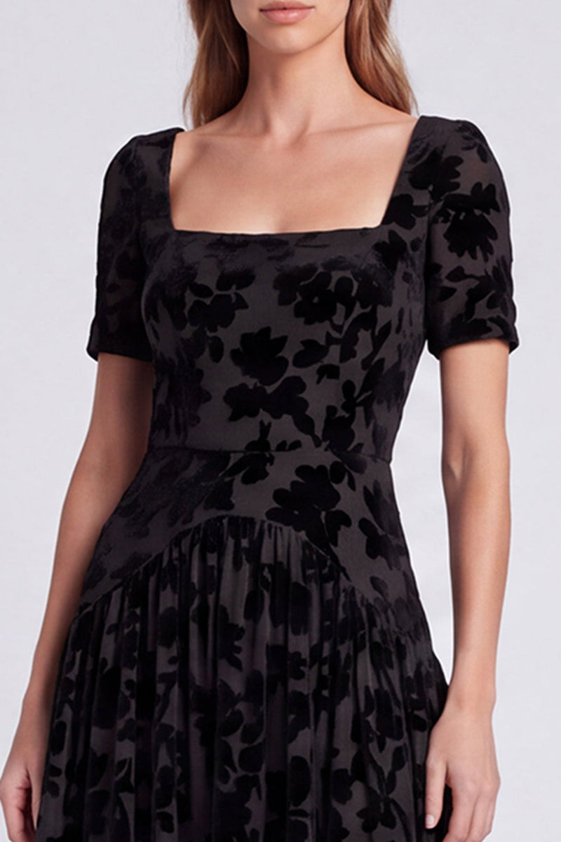 Load image into Gallery viewer, Peacock Blue Velvet Floral Square Neck A Line Long Formal Dress