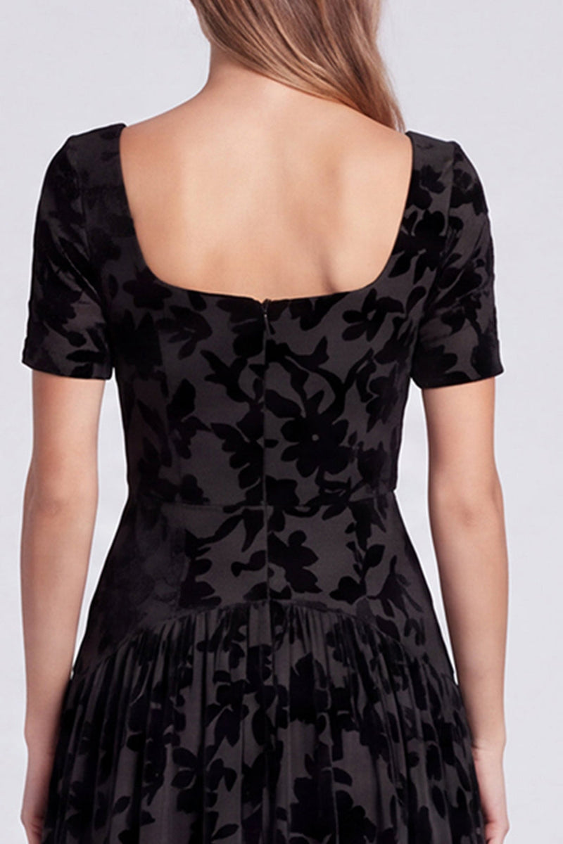 Load image into Gallery viewer, Peacock Blue Velvet Floral Square Neck A Line Long Formal Dress