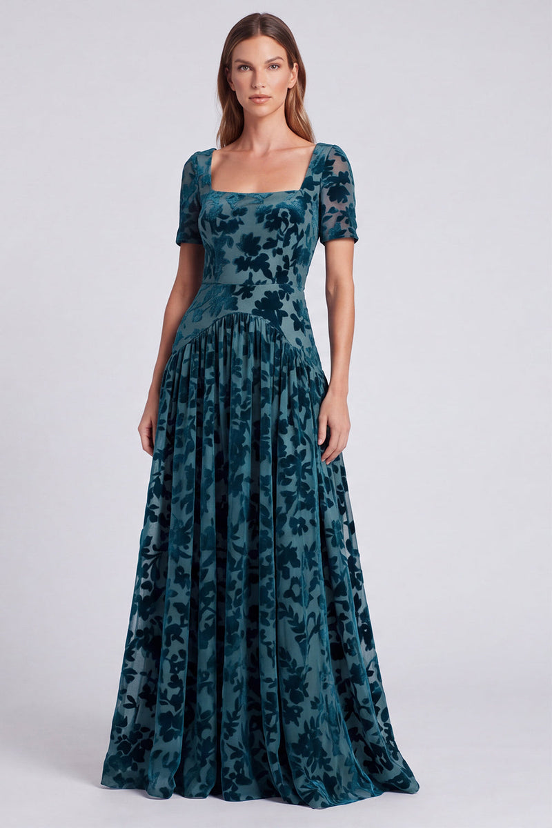 Load image into Gallery viewer, Peacock Blue Velvet Floral Square Neck A Line Long Formal Dress