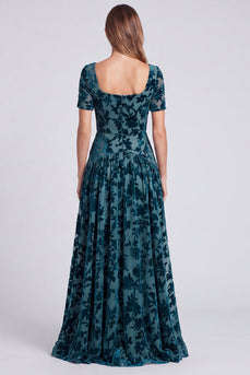 Peacock Blue Velvet Floral Square Neck A Line Long Formal Dress