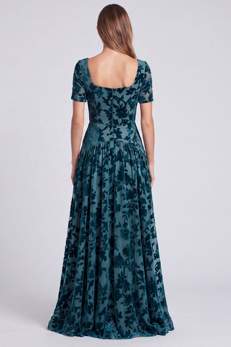 Load image into Gallery viewer, Peacock Blue Velvet Floral Square Neck A Line Long Formal Dress