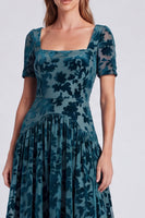 Load image into Gallery viewer, Peacock Blue Velvet Floral Square Neck A Line Long Formal Dress