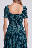 Load image into Gallery viewer, Peacock Blue Velvet Floral Square Neck A Line Long Formal Dress