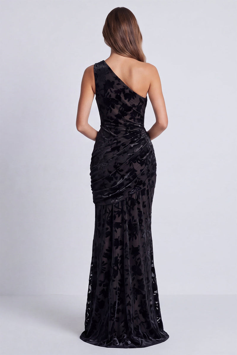 Load image into Gallery viewer, Olive Floral Draped Mermaid One Shoulder Long Velvet Formal Dress
