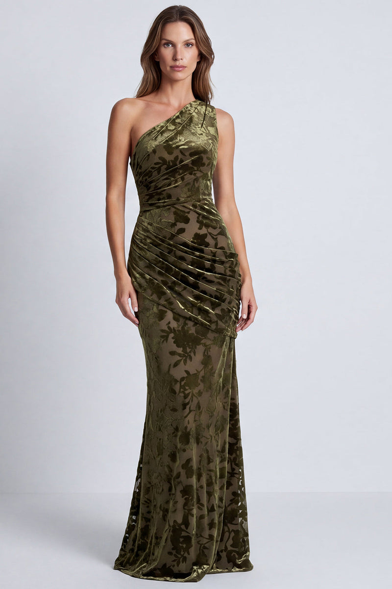 Load image into Gallery viewer, Olive Floral Draped Mermaid One Shoulder Long Velvet Formal Dress