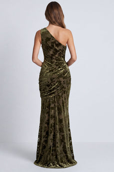 Olive Floral Draped Mermaid One Shoulder Long Velvet Formal Dress