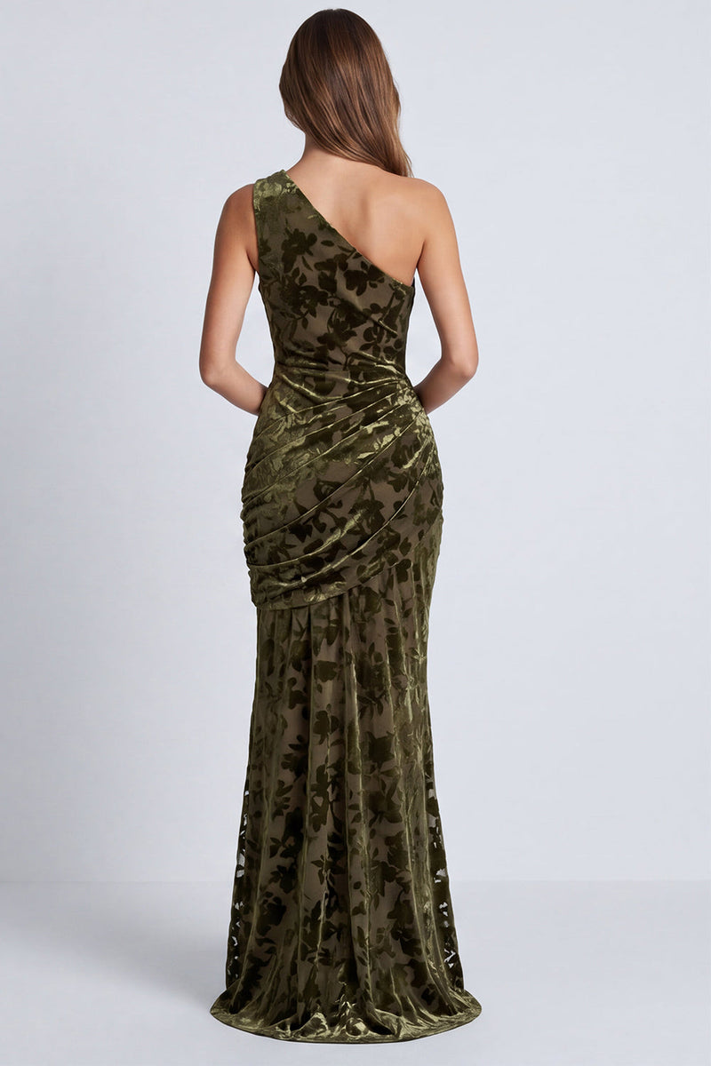Load image into Gallery viewer, Olive Floral Draped Mermaid One Shoulder Long Velvet Formal Dress