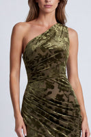 Load image into Gallery viewer, Olive Floral Draped Mermaid One Shoulder Long Velvet Formal Dress