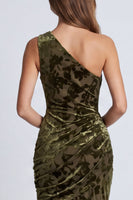 Load image into Gallery viewer, Olive Floral Draped Mermaid One Shoulder Long Velvet Formal Dress