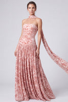 Load image into Gallery viewer, Pink Neck Scarf Floral Pleated A Line Long Formal Dress