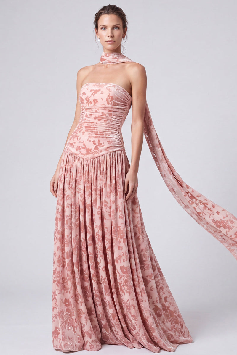 Load image into Gallery viewer, Pink Neck Scarf Floral Pleated A Line Long Formal Dress
