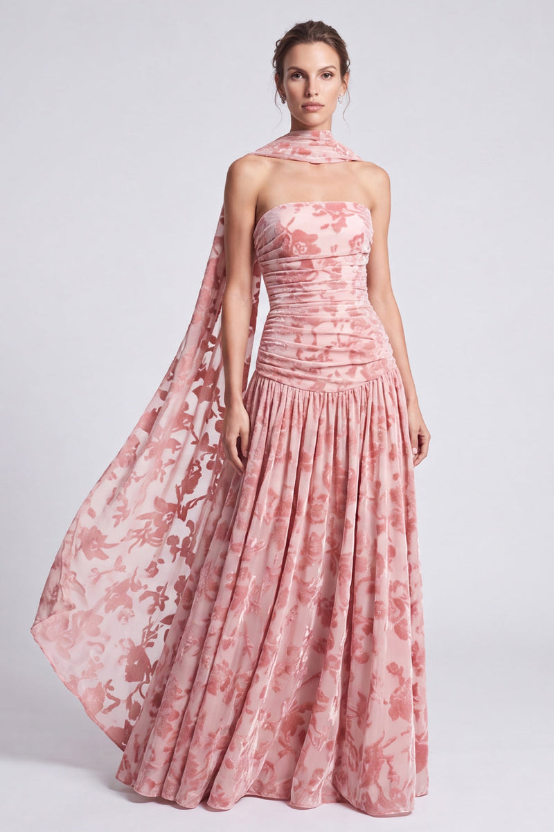 Load image into Gallery viewer, Pink Neck Scarf Floral Pleated A Line Long Formal Dress