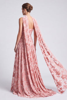 Pink Neck Scarf Floral Pleated A Line Long Formal Dress