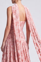 Load image into Gallery viewer, Pink Neck Scarf Floral Pleated A Line Long Formal Dress