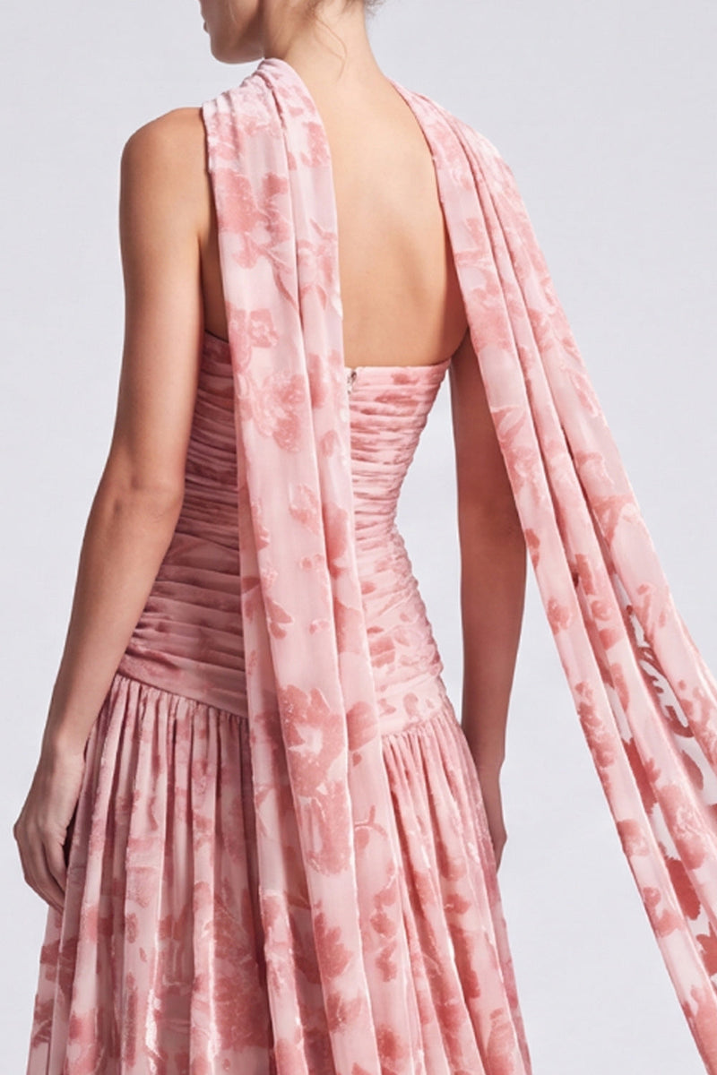 Load image into Gallery viewer, Pink Neck Scarf Floral Pleated A Line Long Formal Dress