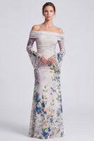 Load image into Gallery viewer, Ivory Floral Mermaid Off the Shoulder Long Formal Dress with Sleeves