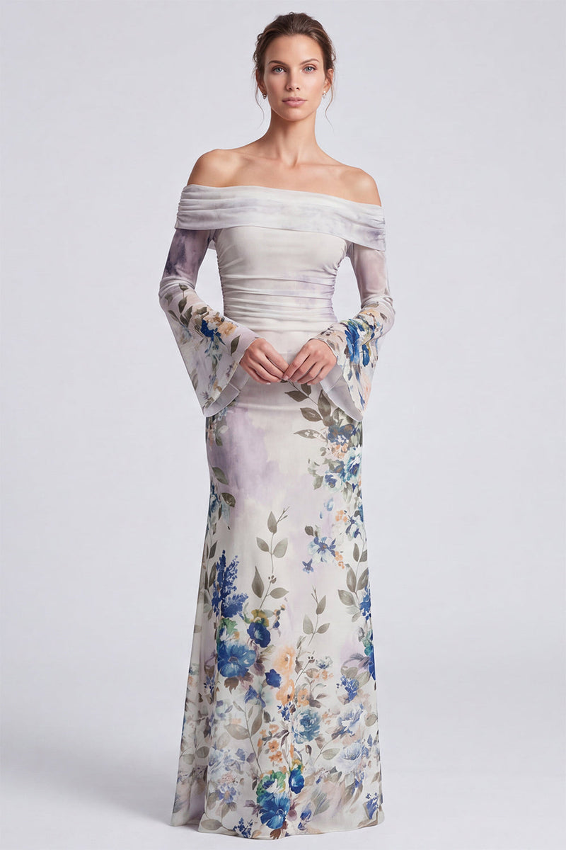 Load image into Gallery viewer, Ivory Floral Mermaid Off the Shoulder Long Formal Dress with Sleeves