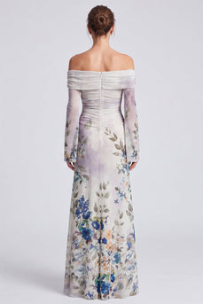 Ivory Floral Mermaid Off the Shoulder Long Formal Dress with Sleeves