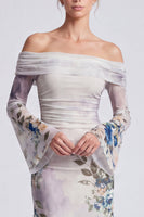 Load image into Gallery viewer, Ivory Floral Mermaid Off the Shoulder Long Formal Dress with Sleeves