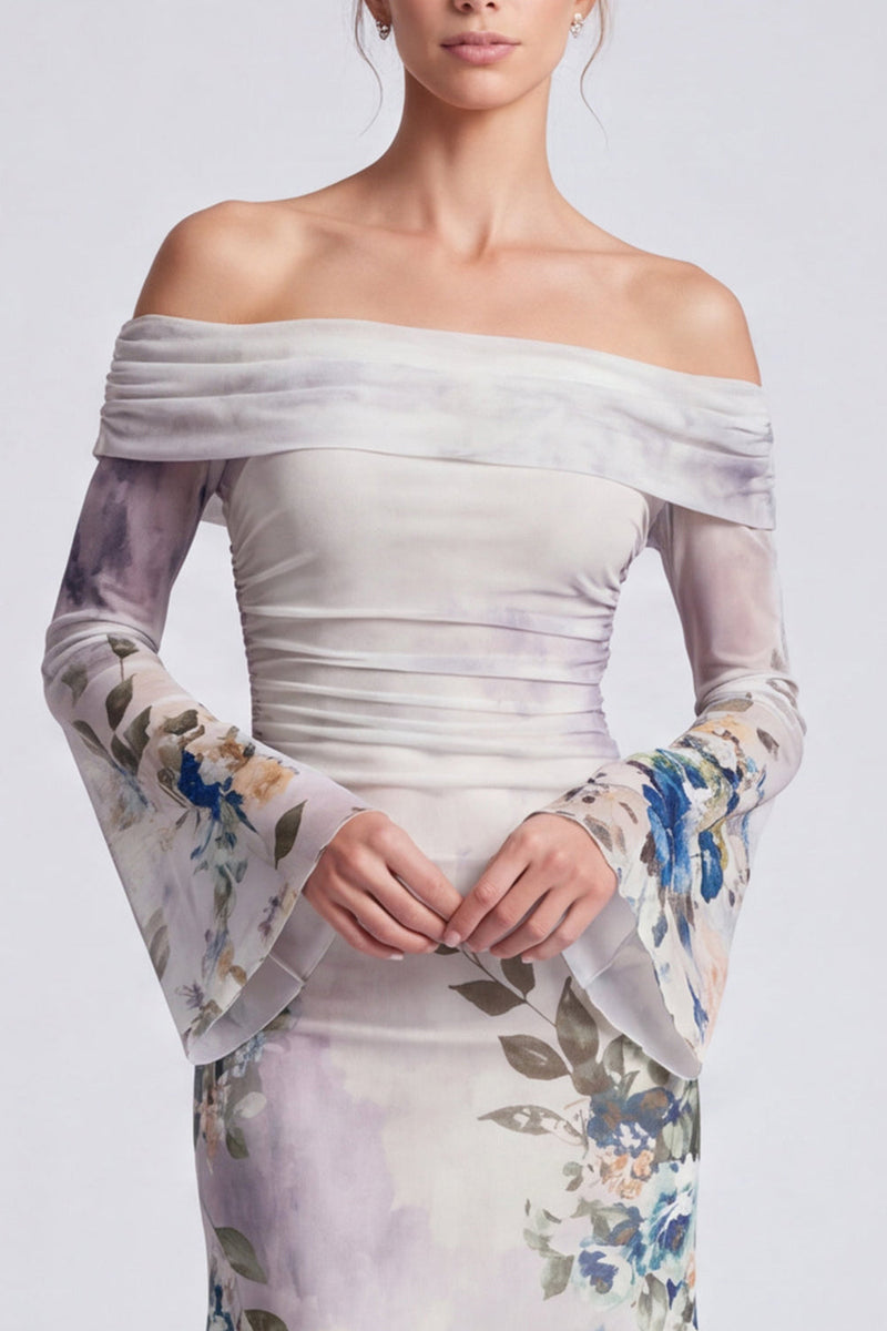 Load image into Gallery viewer, Ivory Floral Mermaid Off the Shoulder Long Formal Dress with Sleeves