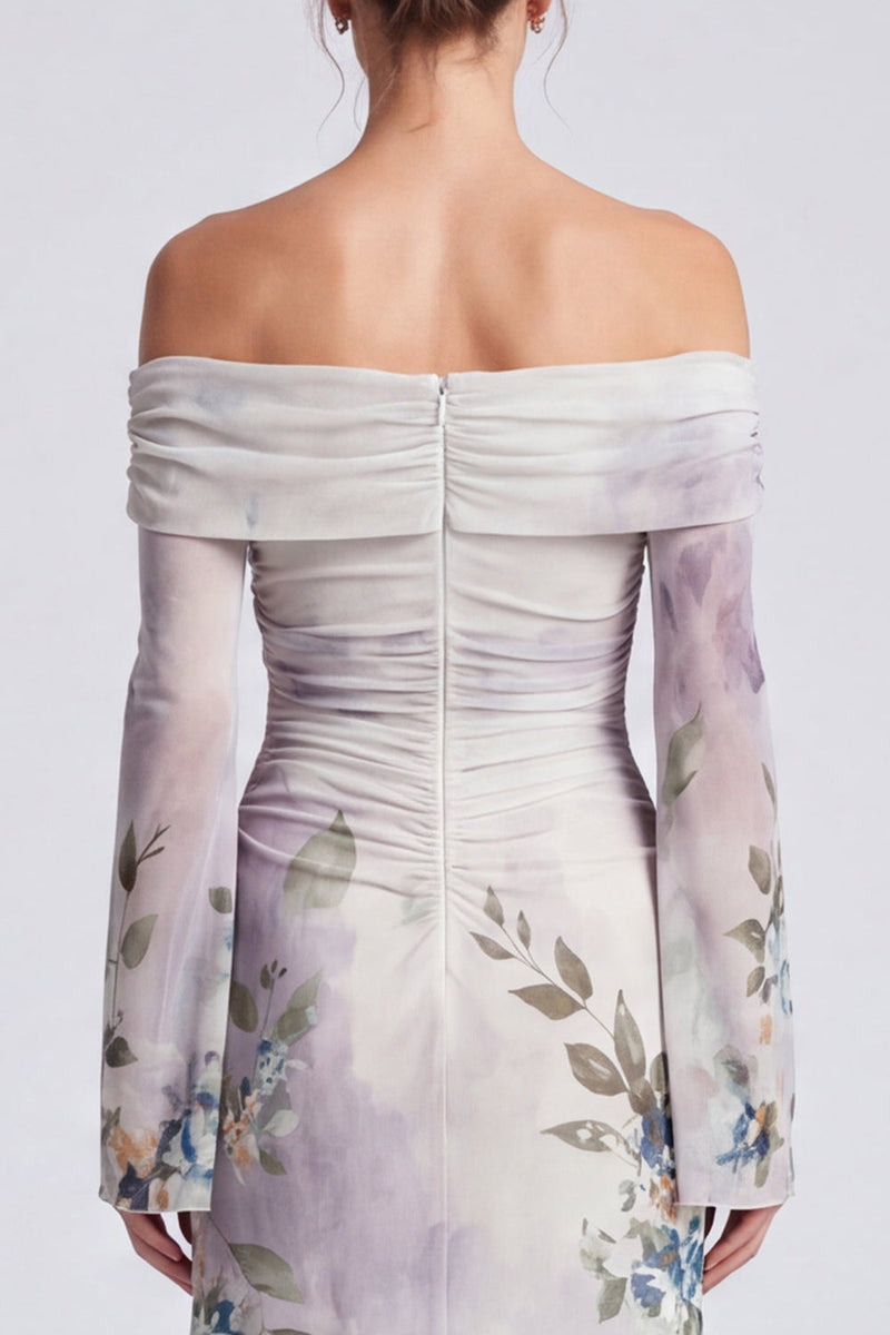 Load image into Gallery viewer, Ivory Floral Mermaid Off the Shoulder Long Formal Dress with Sleeves