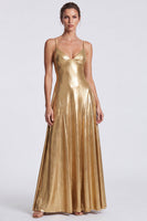 Load image into Gallery viewer, Gold Metallic A Line Spaghetti Straps Long Formal Dress