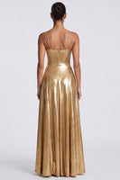Load image into Gallery viewer, Gold Metallic A Line Spaghetti Straps Long Formal Dress