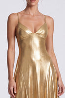 Load image into Gallery viewer, Gold Metallic A Line Spaghetti Straps Long Formal Dress