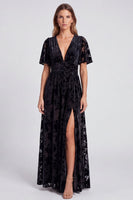 Load image into Gallery viewer, Black Velvet Floral A Line V-Neck Long Formal Dress with Slit